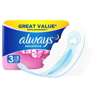 ALWAYS SENSITIVE NIGHT PADS WITH WINGS (SIZE 3) - 10 Pack