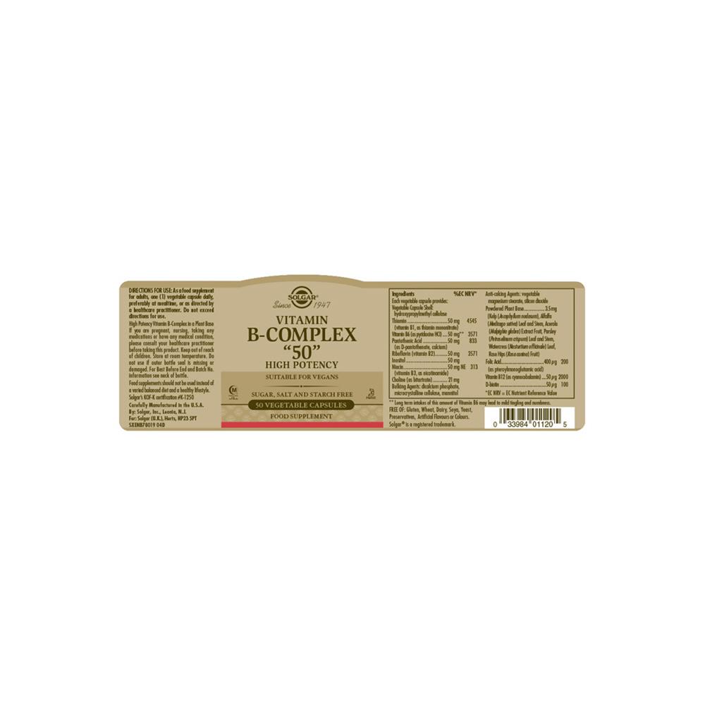 Solgar B-Complex "50" High Potency 50 veg capsules | Mellericks ...