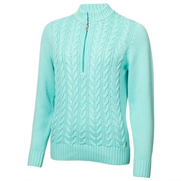 Green Lamb  Ladies ½ Zip Chuncky Cable Sweater Aqua
