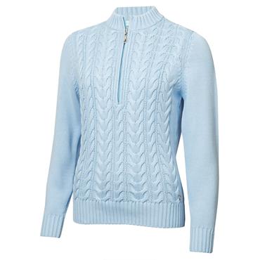 Green Lamb  Ladies ½ Zip Chuncky Cable Sweater Baby Blue