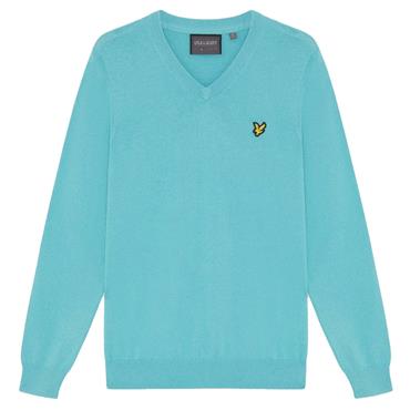 Lyle & Scott Gents Cotton Blend V-Neck Pullover Jet Aquamarine Blue (661)