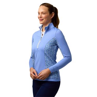 Glenmuir Ladies Carina Zip Neck Shaped Panel Performance Midlayer Light Blue Flowers