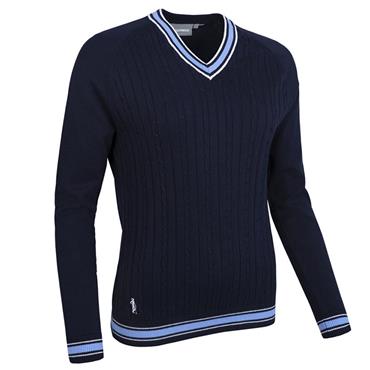 Glenmuir Ladies Connie V Neck Raglan Cable Front Cotton Sweater Navy - Light Blue - White