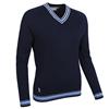 Glenmuir Ladies Connie V Neck Raglan Cable Front Cotton Sweater Navy - Light Blue - White