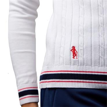 Glenmuir Ladies Connie V Neck Raglan Cable Front Cotton Sweater White - Navy - Garnet