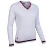 Glenmuir Ladies Connie V Neck Raglan Cable Front Cotton Sweater White - Navy - Garnet
