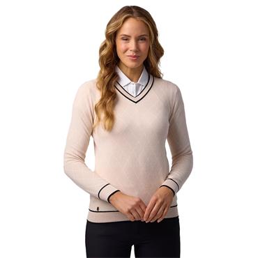 Glenmuir Ladies V Neck Diamond Intarsia Cotton Lightweight Sweater Linen - Black