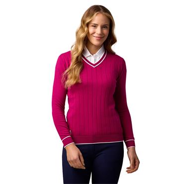 Glenmuir Ladies Lea V Neck Vertical Stitch Contrast Cotton Lightweight Sweater Raspberry - White