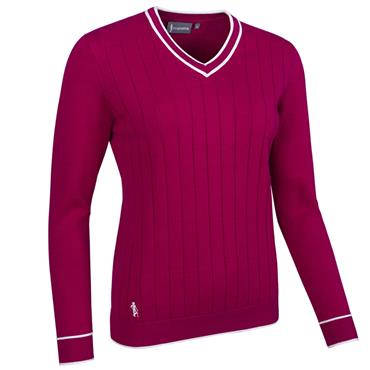 Glenmuir Ladies Lea V Neck Vertical Stitch Contrast Cotton Lightweight Sweater Raspberry - White