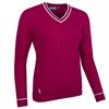 Glenmuir Ladies Lea V Neck Vertical Stitch Contrast Cotton Lightweight Sweater Raspberry - White