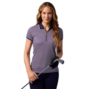 Glenmuir Ladies Amelia Zip Neck Print Polo Shirt Navy - Raspberry Mosaic - Silver