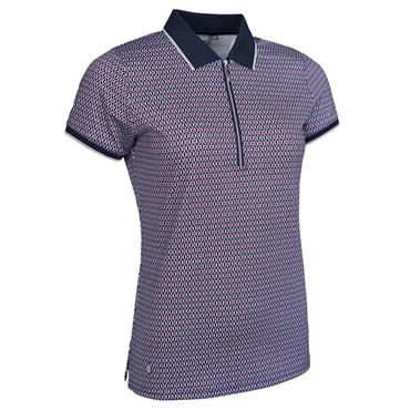 Glenmuir Ladies Amelia Zip Neck Print Polo Shirt Navy - Raspberry Mosaic - Silver