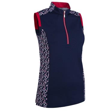 Glenmuir Ladies Alice Printed Panel Zip Sleeveless Performance Shirt Navy - Garnet Flowers