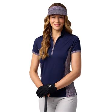 Glenmuir Ladies Maisie Stand Up Collar Printed Panel Zip Performance Shirt Navy - Raspberry Mosaic