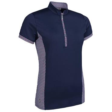 Glenmuir Ladies Maisie Stand Up Collar Printed Panel Zip Performance Shirt Navy - Raspberry Mosaic