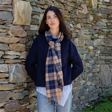 Merino Luxury Wool Scarf Navy Check 30x180cm