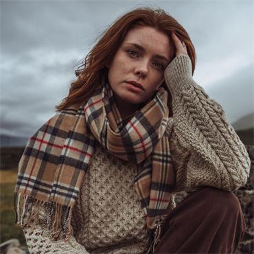 Merino Luxury Wool Scarf  Camel Tartan 30x180cm
