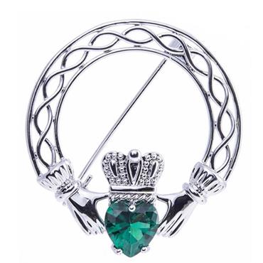 Silver Claddagh Brooch with Green Stone
