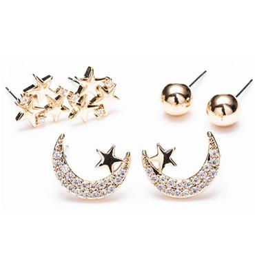 Gold Sun, Moon & Star Earrings Set