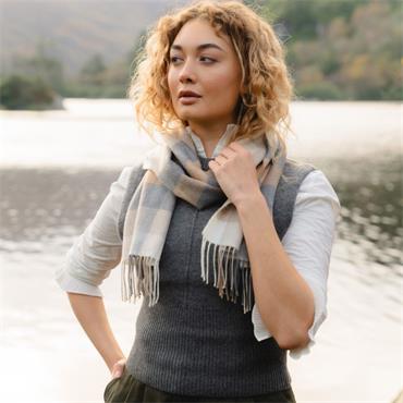 Merino Luxury Wool Scarf Grey Check 30x180cm