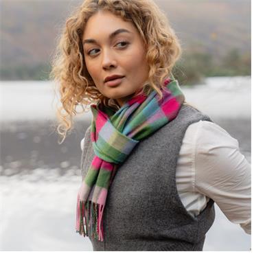 Merino Luxury Wool Scarf Raspberry Green Check 30x180cm