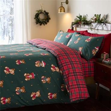 Christmas Tartan Teddy Bear Duvet Set Green