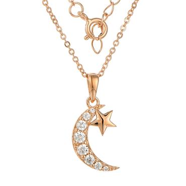 Kilkenny Silver Crescent Moon and Star Necklace with Cubic Zirconia - Rose Gold L3192