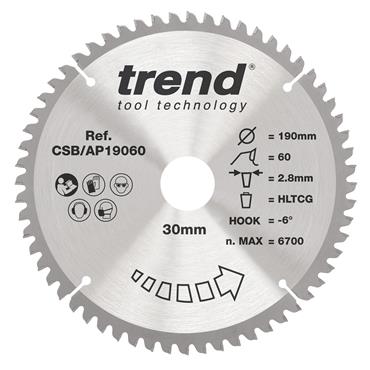 Trend Craft Almin & Plastic Saw Blade - 190mmD x 60T x 30B x 2.8Kerf - CSB/AP19060