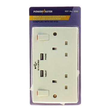 POWERMASTER SWITCHED SOCKET 2 GANG 13 AMP + 2 USB
