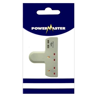POWERMASTER 2 WAY ADAPTOR + 2 USB PORTS T-SHAPED