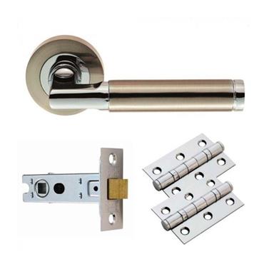 Carlisle Brass Belas Lever on Rose Door Pack ? Lock Escutcheons & 3 Hinges ? Satin Nickel/Polished C