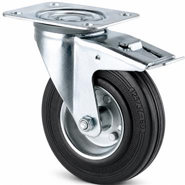 PLATE CASTOR 80MM RUBBER TYRE BRAKE 150KG/4