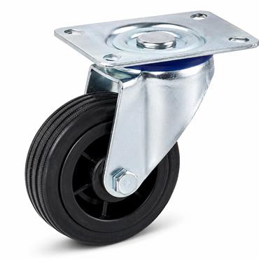 PLATE CASTOR SWIVEL 3" RUBBER TYRE 150KG/4