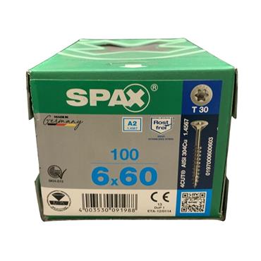 SPAX WOOD SCREWS 6MM WIDTH (BX 100) STAINLESS STEEL