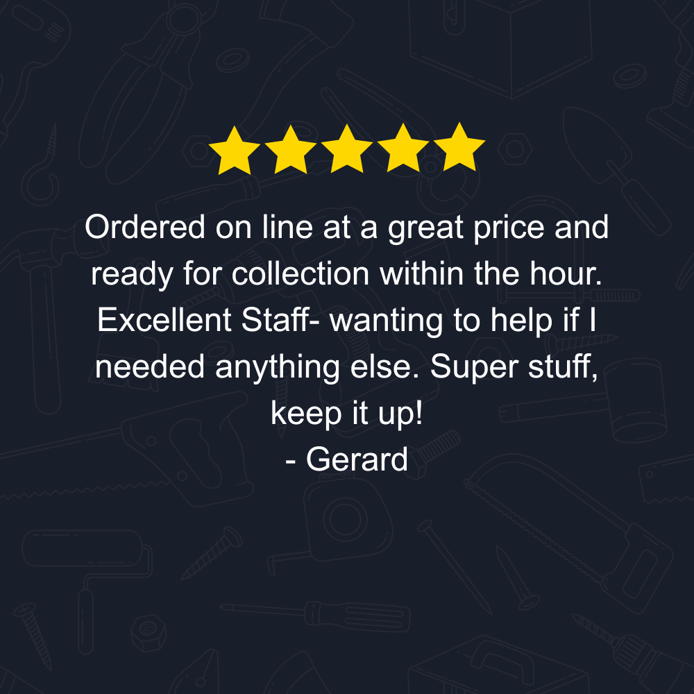 Ordered on line at a great price and ready for collection within the hour. Excellent Staff- wanting to help if I needed anything else. Super stuff, keep it up!
