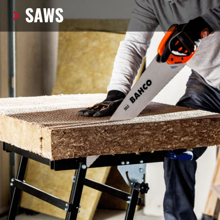 Saws | Joe Mckenna's. Person using a Bahco hand saw to cut a wooden board on a workbench.