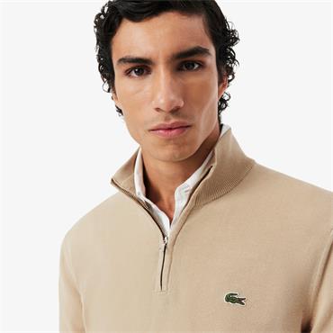 LACOSTE ZIPPED HIGH NECK COTTON SWEATER - BEIGE