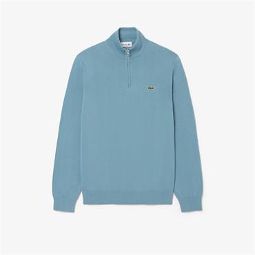 LACOSTE ZIPPED HIGH NECK COTTON SWEATER - BLUE