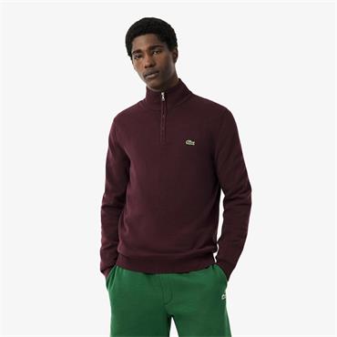 LACOSTE ZIPPED HIGH NECK COTTON SWEATER - BURGUNDY