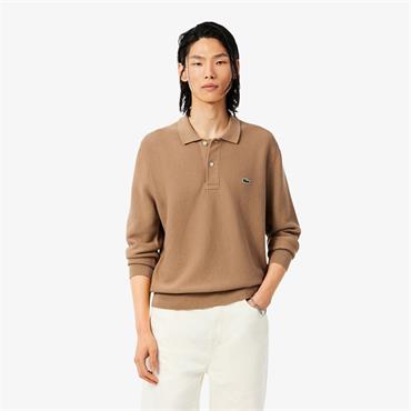 LACOSTE LONG SLEEVED KNITTED POLO SHIRT - BEIGE
