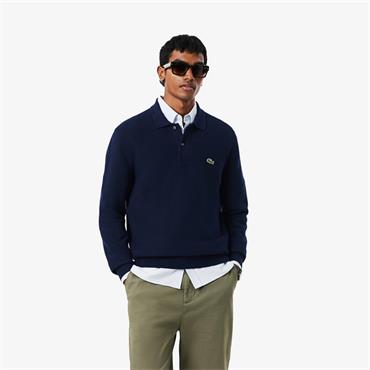 LACOSTE LONG SLEEVED KNITTED POLO SHIRT - NAVY