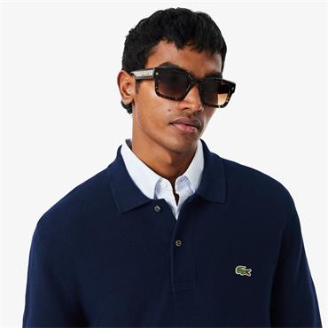 LACOSTE LONG SLEEVED KNITTED POLO SHIRT - NAVY
