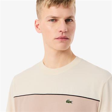 LACOSTE COLOUR-BLOCK COTTON T-SHIRT - BEIGE