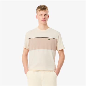 LACOSTE COLOUR-BLOCK COTTON T-SHIRT - BEIGE