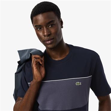 LACOSTE COLOUR-BLOCK COTTON T-SHIRT - NAVY