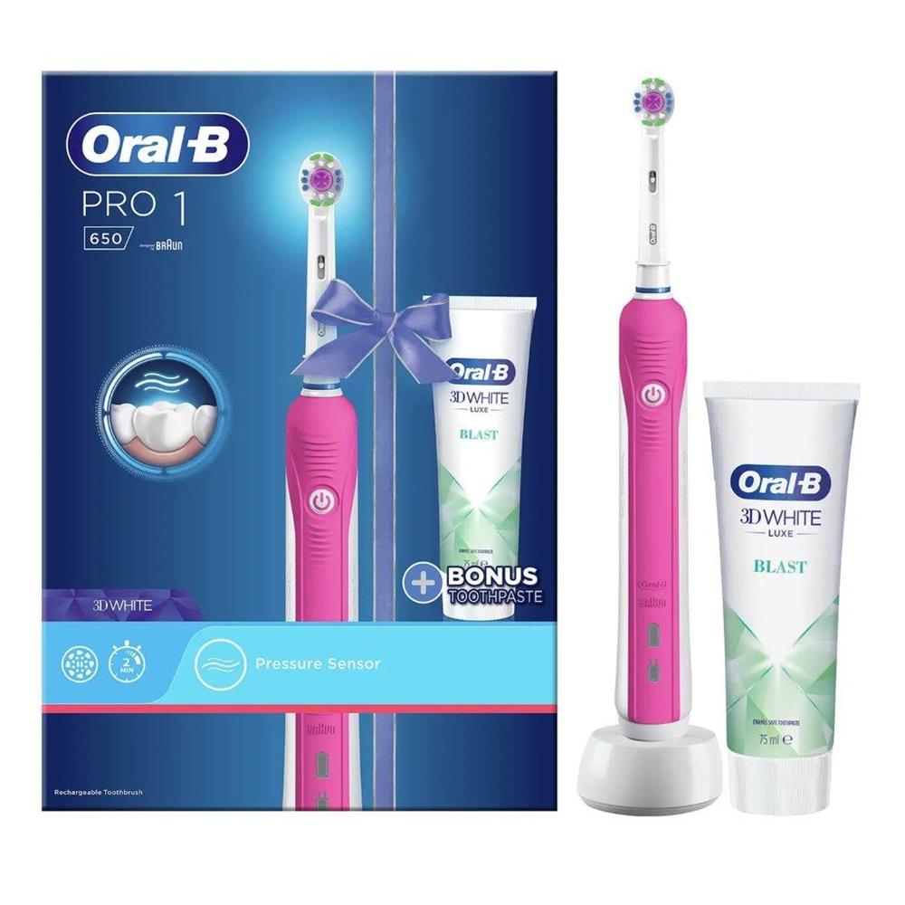 Oral B Pro 1 650 Electric Toothbrush and Toothpaste Pink McGorisks