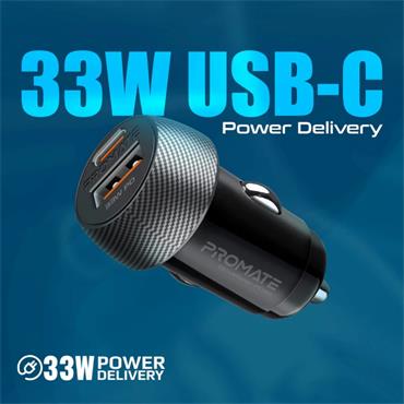 Promate 33W Ultra Fast Dual Port Car Charger 3.0 USB -C