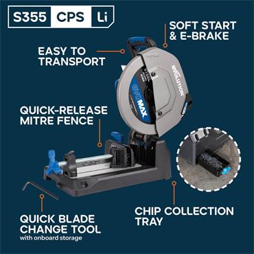 Evolution S355CPS-Li 36v Brushless 355mm Metal Cutting Chop Saw & EvoMax Blade (Bare Unit)