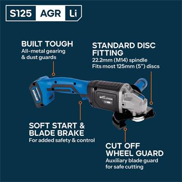 Evolution S125AGR-Li 125mm (5") Cordless Angle Grinder 18V Brushless (Bare Unit)