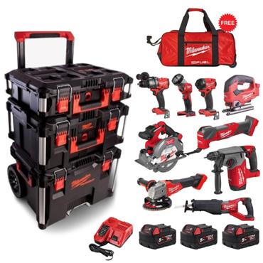 Milwaukee Packout 9 Piece Kit with Roller Bag (3x5ah) 